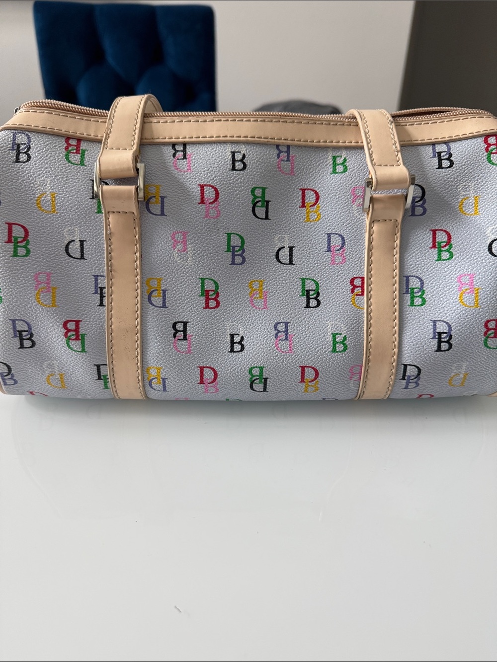 Dooney & Bourke White Multicolor Monogram Mini Shoulder Bag with Tan Trim